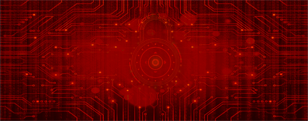 A red picture with scrolling binary text over a circuit board with a digital lock in the center